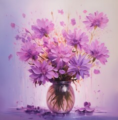 A vase of purple flowers isolated on a purple background in an oil painting style, painting, art on canvas
