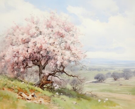 Painting representing an apple tree in white flowers, in the style of orientalist landscapes, Suffolk coast views, impressionist-landscapes, watercolor landscapes, Australian landscape