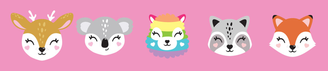 Cute baby animal faces, portraits. Fox, deer, koala, cat, racoon, unicorn, alpaca, lama, bunny. Illustration for printing on fabric, postcard, wrapping paper, book, picture, wallpaper, kid room decor