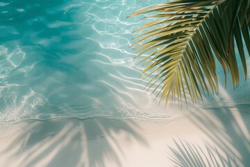 Fototapeta na wymiar The water reflects the shadows of palm leaves on the white sand beach, creating a beautiful abstract background perfect for a summer vacation.