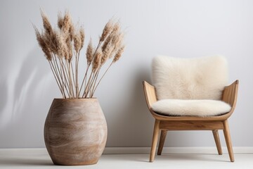 Comfortable armchair and pampas grass in vase near white wall. The concept of stylish interior designs - obrazy, fototapety, plakaty