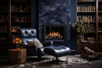 Cozy living room with blue armchair, fireplace and bookshelf. The concept of stylish interior designs