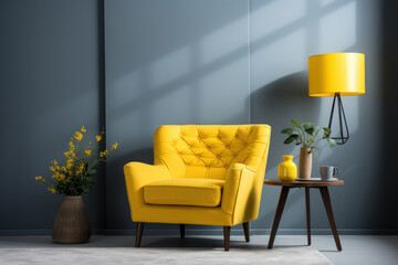 Yellow armchair in modern living room with blue wall and floor lamp. The concept of stylish interior designs