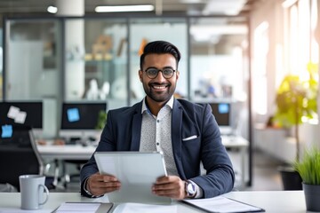 Happy Indian businessman at work, using a tablet to manage company projects and data, dressed professionally in a tie, showcasing his expertise in finance and marketing.
