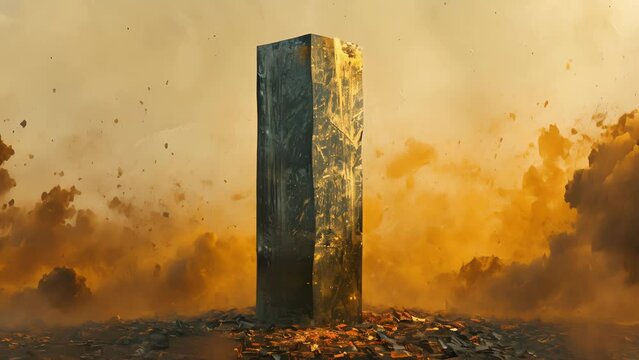 A towering monolith sculpture constructed with layers of petrified wood and amber mimicking the natural process of fossilization.
