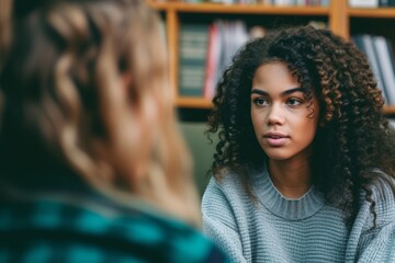 High school counselor sits across from a teenage girl, offering advice and guidance in her cozy office. The two engage in a discussion about the student's future career plans. - obrazy, fototapety, plakaty