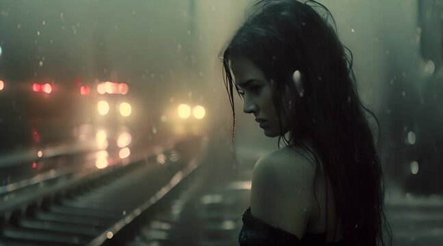 Crying depressed black haired young girl considering suicide at the train station