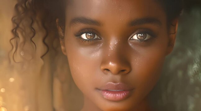 Beautiful ebony model with curly hair with water droplets on her face illuminated by the morning sun