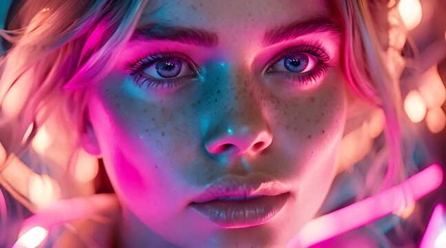 Beatiful blonde-haired, blue-eyed model with freckles illuminated with colorful light