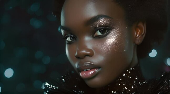 Beautiful ebony model with glimmering makeup during a commercial photoshoot
