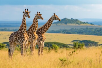 Africa's towering giraffes roam the savannahs of Tanzania and Kenya, their long necks reaching for the bright yellow grass as the sun rises on a Serengeti safari.