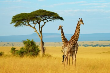 Africa's towering giraffes roam the savannahs of Tanzania and Kenya, their long necks reaching for the bright yellow grass as the sun rises on a Serengeti safari.