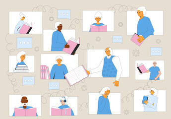 Exchange book or swap for senior people. Online library event with elderly men and women.