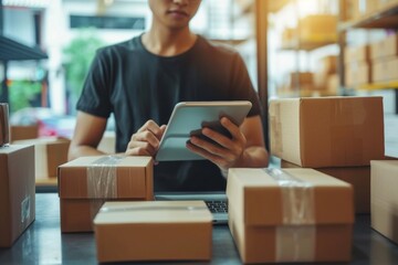 Entrepreneur working from home, using a tablet to manage online orders, packaging boxes for delivery, and running a successful small business.