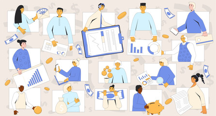 Financial literacy course online. Save money education. People group with moneyboxes, capital elements and analysis symbol. Budgeting life learning. Vector illustration.