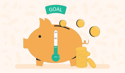 Fundraising concept. Thermometer and piggybank. Business investment. Crowdfunding event symbol