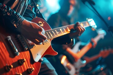 Music fills the air as a live band takes the stage, the guitarist strumming away as the concert comes to life. The crowd sways to the rhythm, the rock musicians playing with passion.