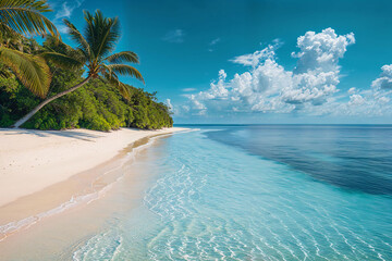 Serene Maldives Beach with Crystal Clear Turquoise Waters Framed by Lush Tropical Greenery and a Vibrant Blue Sky with Fluffy Cumulus Clouds