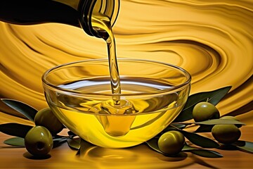close up of olive oil pouring into a glass bowl 