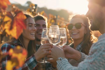 Friends gather in a picturesque vineyard, glasses of wine in hand, toasting to the autumn harvest season. The winery party is in full swing, with laughter and happy moments shared among the group.