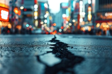 In a bustling city, a long crack runs down the street, evidence of earthquake damage to the asphalt road, causing traffic problems and danger. - obrazy, fototapety, plakaty