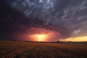 Amidst a fiery sunset, nature unleashes its power as lightning strikes a brooding storm cloud over a vast field, illuminating the night sky with its electrifying presence - Powered by Adobe