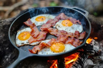 Deurstickers Start your camping trip with a hearty breakfast of bacon and eggs cooked over a campfire in a cast iron skillet, surrounded by the beauty of the forest. © tonstock