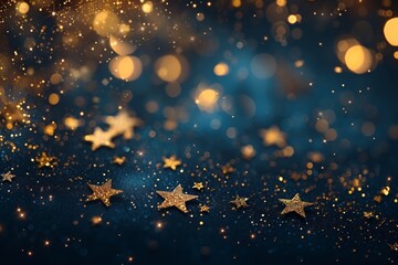abstract navy blue background featuring sparkling gold stars, shimmering light particles, and a glistering foil texture for a festive 2024 New Year celebration.