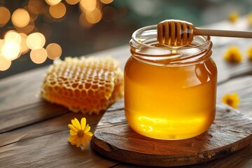 A rustic mason jar filled with golden honey, adorned with a wooden stick, rests peacefully on a table, ready to sweeten any indoor gathering
