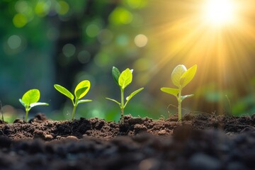 The young sapling, germinating from the rich soil, thrives as it grows towards the warm, bright morning sunlight, symbolizing the beginning of new life and growth in nature.