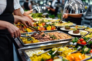 Enjoy a lavish spread at the buffet with bar-b-q grilled meats, a selection of salads, and sweet treats at your next wedding or festive event.