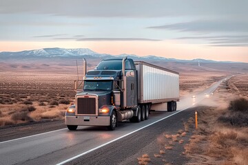A powerful commercial vehicle makes its way through the rugged mountain terrain, its wheels churning up dust as it transports vital cargo on the open road