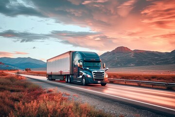 A rugged truck navigates through the mountainous landscape, its wheels churning up clouds of dust as it carries its precious cargo towards the setting sun on the open road