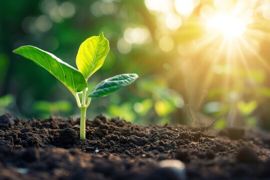 The young sapling, germinating from the rich soil, thrives as it grows towards the warm, bright morning sunlight, symbolizing the beginning of new life and growth in nature.