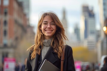 A vibrant woman beams with joy as she poses for the camera on a busy city street, her stylish clothing and laptop in hand, showcasing the beauty of human connection and the bustling energy of urban l