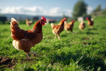 Fototapeta premium Chickens roam freely on a lush green farm, showcasing the essence of eco-friendly poultry agriculture and the importance of domestic farming for egg production.