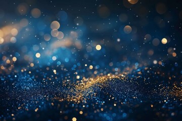 stunning holiday backdrop with a dark blue and gold abstract background featuring glistering light particles, shiny bokeh, and a gold foil texture for a magical touch.