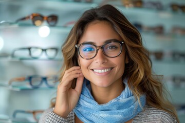 A stylish lady with a bright smile and clear vision, adorned with glasses and a scarf, stands confidently against an indoor wall