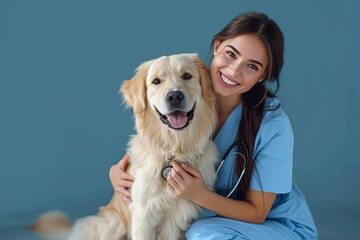 A beaming woman in blue scrubs proudly poses with her loyal golden retriever, radiating joy and love for her furry companion