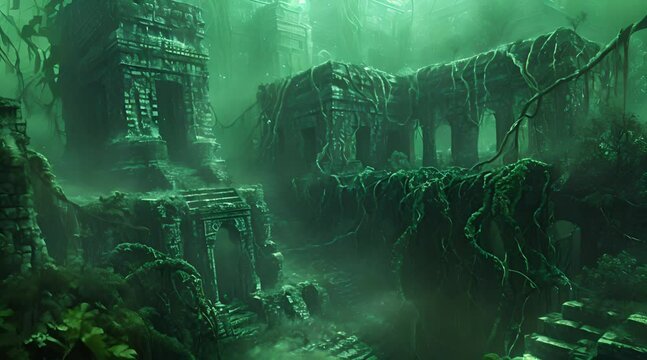 Ancient underwater temple entangled with vines