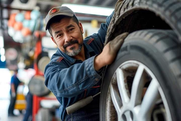 Fotobehang A smiling man stands outdoors, holding a tire with tread made of synthetic and natural rubber, showcasing the connection between humans and automotive parts © Sasa