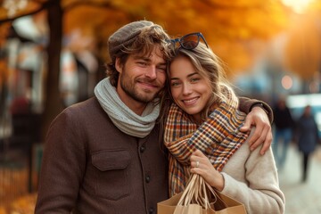 Obraz premium Amidst the crisp autumn leaves, a stylishly dressed couple embraces with joy, their faces beaming with love and their fashion accessories adding a touch of chic to the cozy winter street scene