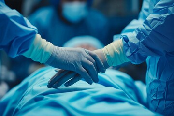 The skilled hands of a medical professional clad in blue scrubs delicately maneuver surgical instruments in a sterile hospital operating theater, bringing healing and hope to their patient - obrazy, fototapety, plakaty