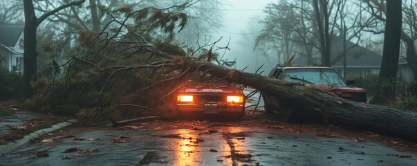 A tree felling after a hurricane on a cars. The consequences of the raging disaster.