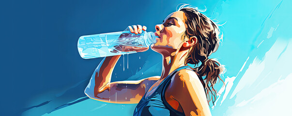 Graphic illustration of an active woman drinking water from a bottle with a dynamic blue background. Banner. Concept healthy, importance of staying hydrated during physical activity. - obrazy, fototapety, plakaty