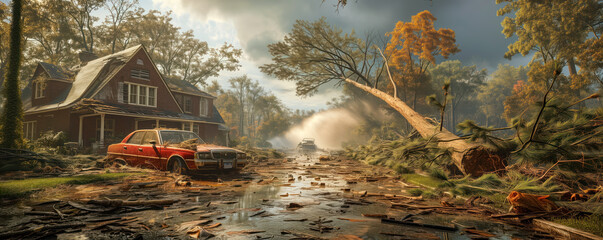 A tree felling after a hurricane on a cars. The consequences of the raging disaster.