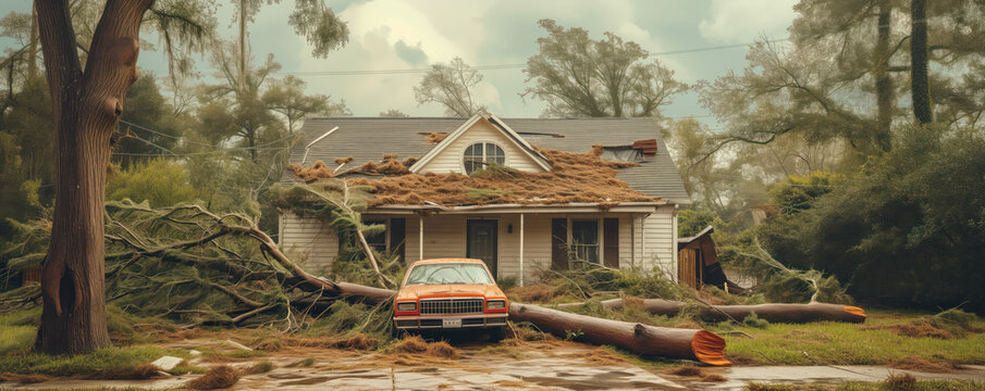 A tree felling after a hurricane on a cars. The consequences of the raging disaster.