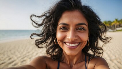 Happy Indian woman taking a selfie on a sunny beach, with windswept hair and a bright smile.