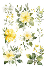 Fototapeta na wymiar Watercolor Floral Wedding decor set in light olive yellow grey