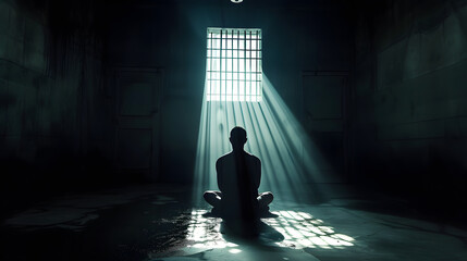a man sitting in a jail cell with light beaming out - obrazy, fototapety, plakaty
